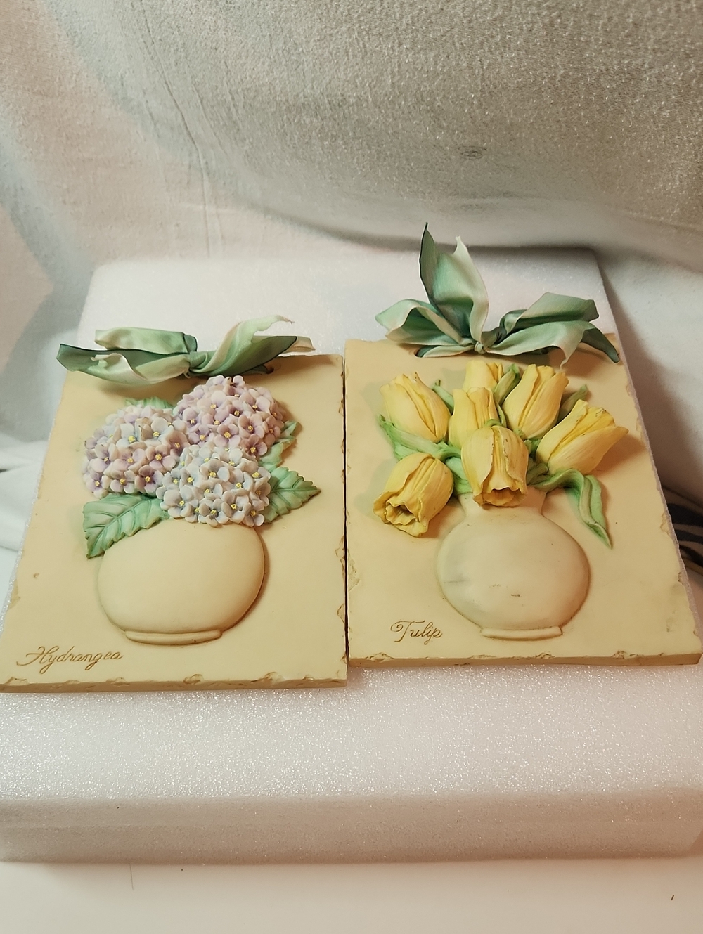 Handcrafted Yellow Tulip and Hydrangea Wall Plaque Pair